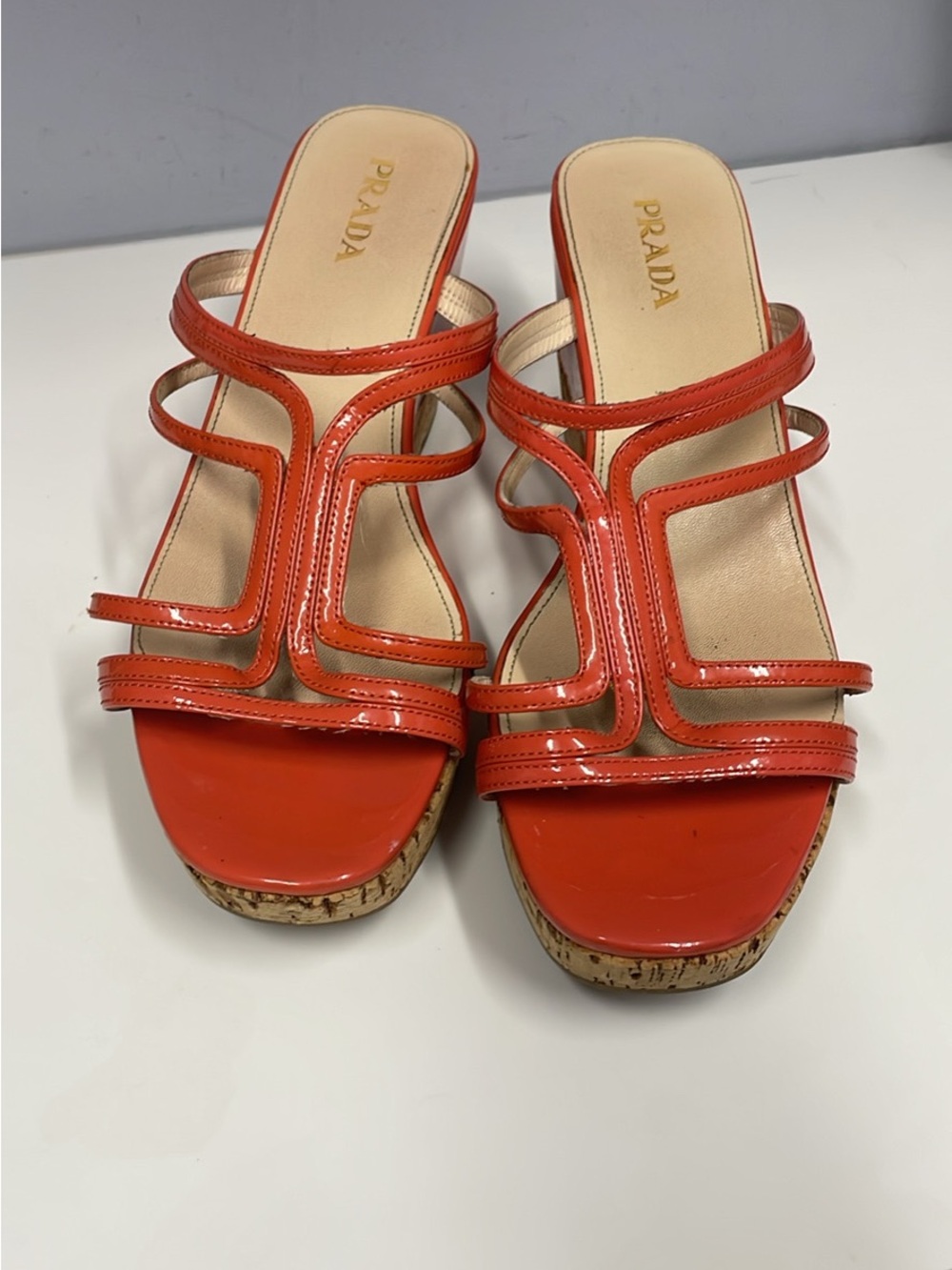 PRADA woman’s Orange Patent Leather Multi-Strap Slide Mules size 10/40 - Picture 2 of 8